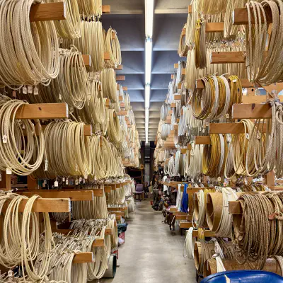 Lassos, hung on posts, line both sides of an aisle