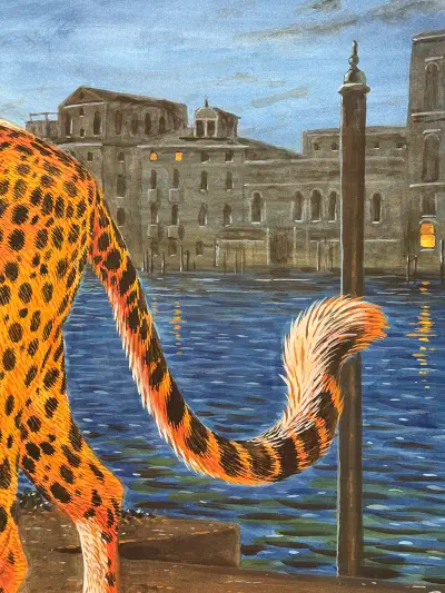 A cheetah’s tail is juxtaposed against a backdrop of a canal in Venice
